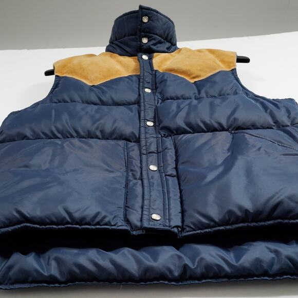 Vintage Woolrich Down Puffer Vest Suede Yoke Navy Brown Men’s Medium - Picture 11 of 11